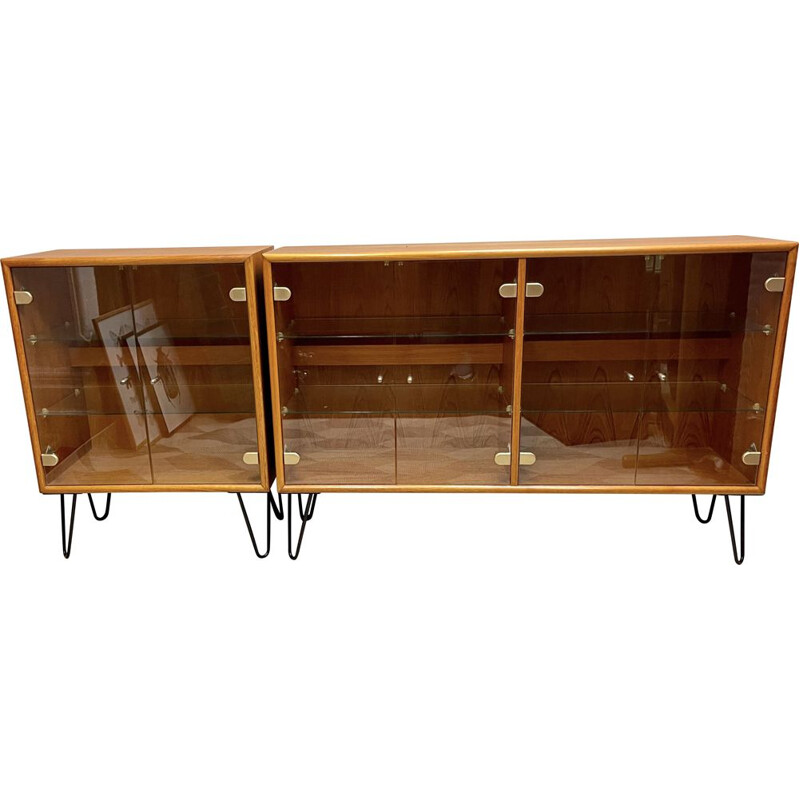 Vintage Danish teak sideboard with glass shelves and doors, 1970s