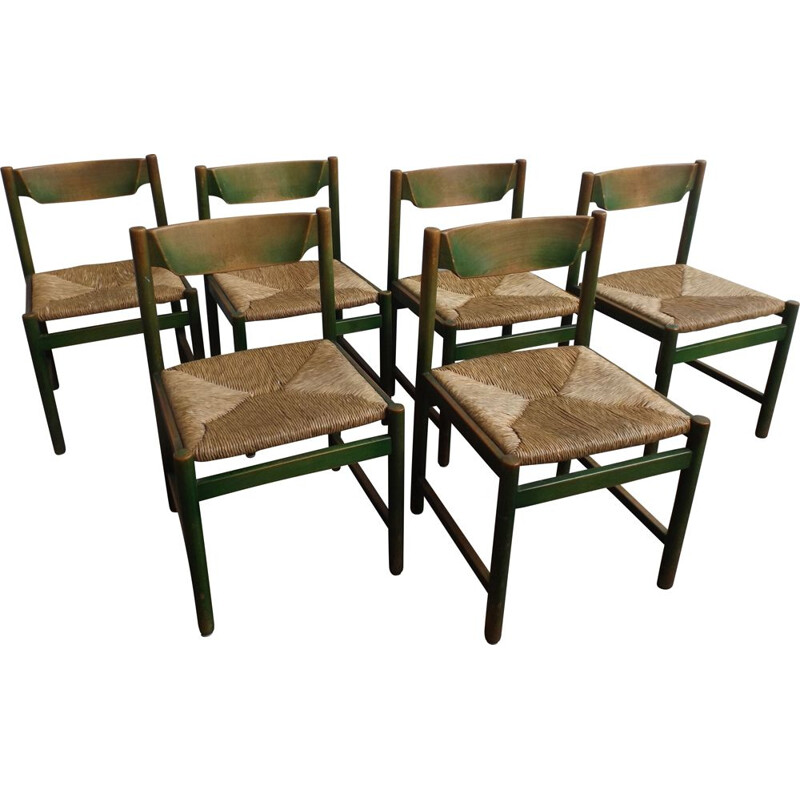 Ensemble de 6 chaises italiennes vintage en jonc et bois