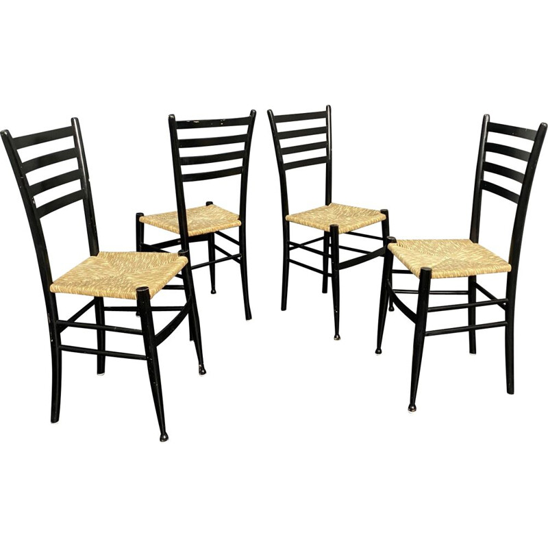 Set of 4 vintage black Spinetto chairs by Chiavari for Bast Weave, Italy 1950s