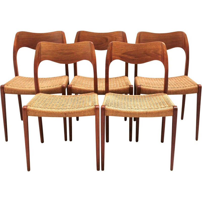 Set of 5 Scandinavian vintage teak and rope chairs by Niels O'Moller