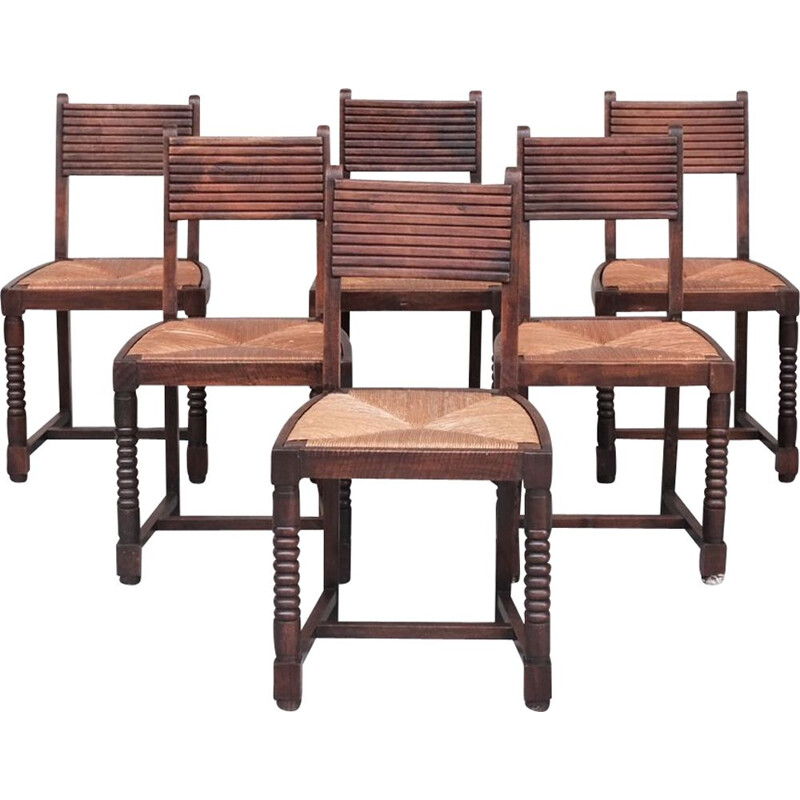 Ensemble de 6 chaises vintage en jonc, France 1940