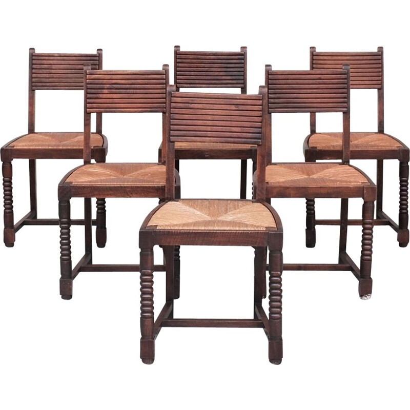 Set of 6 rush mid-century dining chairs, France 1940s