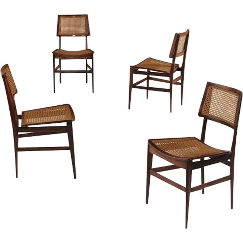 Ensemble de 4 chaises vintage en cannage et palissandre par Joaquim Tenreiro, 1960