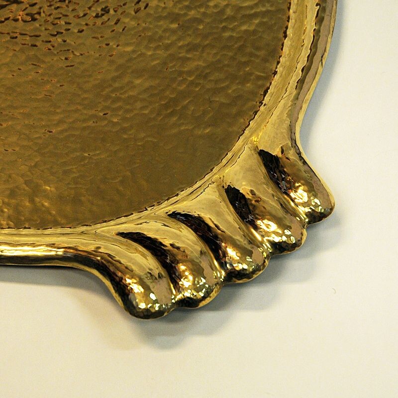 Swedish vintage oval brass plate tray with handles, 1930-1940s