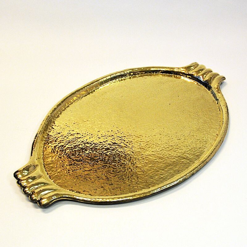 Swedish vintage oval brass plate tray with handles, 1930-1940s