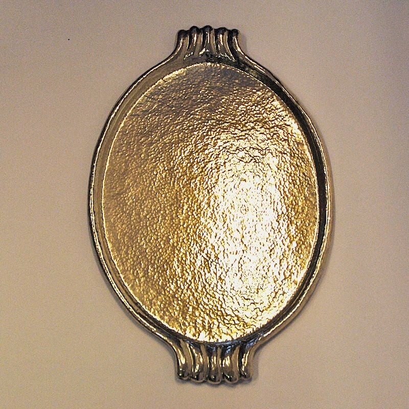 Swedish vintage oval brass plate tray with handles, 1930-1940s