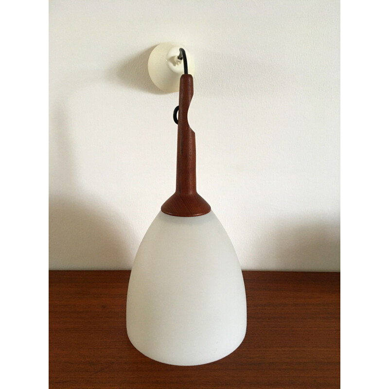 Scandinavian vintage teak and opaline pendant lamp by Uno and Osten Kristiansson, 1960