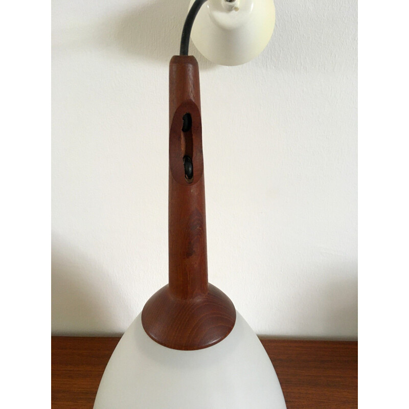 Scandinavian vintage teak and opaline pendant lamp by Uno and Osten Kristiansson, 1960