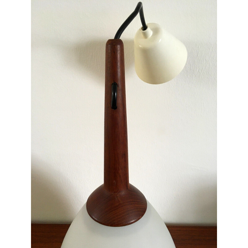 Scandinavian vintage teak and opaline pendant lamp by Uno and Osten Kristiansson, 1960