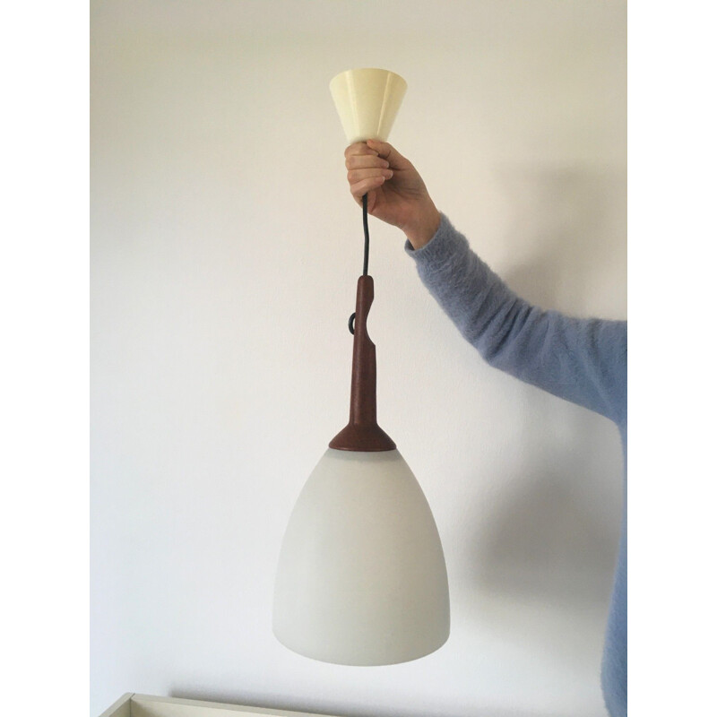 Scandinavian vintage teak and opaline pendant lamp by Uno and Osten Kristiansson, 1960