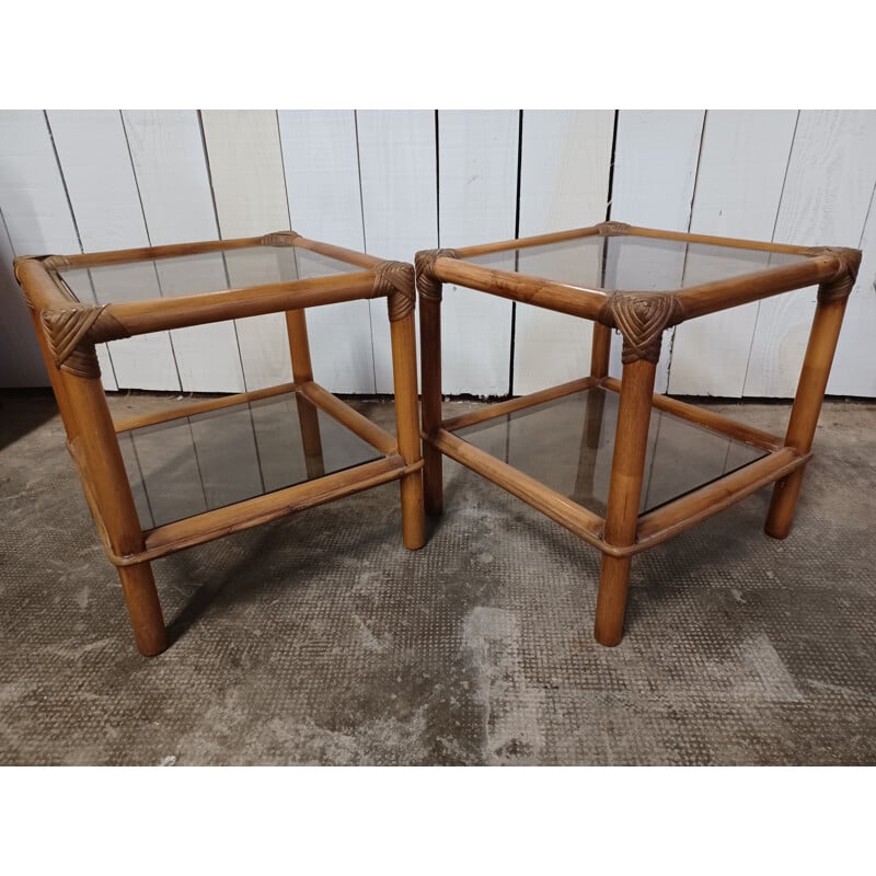 Pair of vintage coffee tables in bamboo and smoked glass