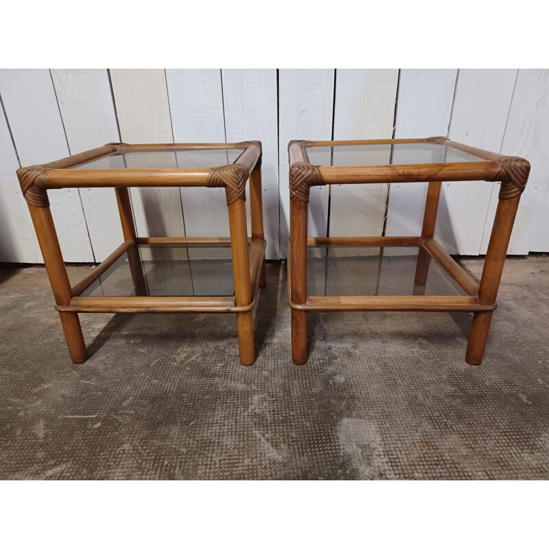 Pair of vintage coffee tables in bamboo and smoked glass