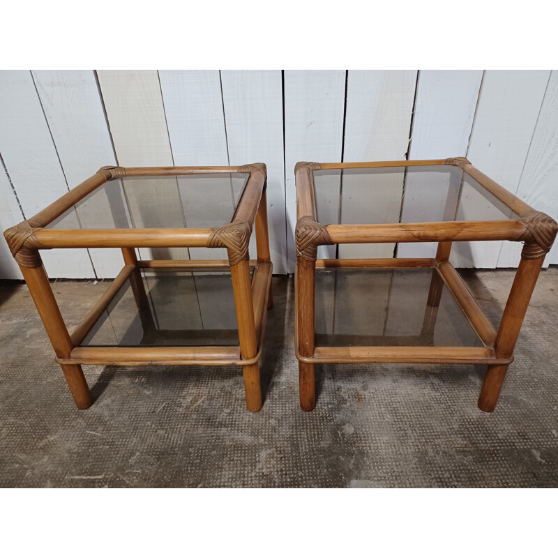 Pair of vintage coffee tables in bamboo and smoked glass