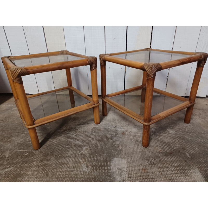 Pair of vintage coffee tables in bamboo and smoked glass