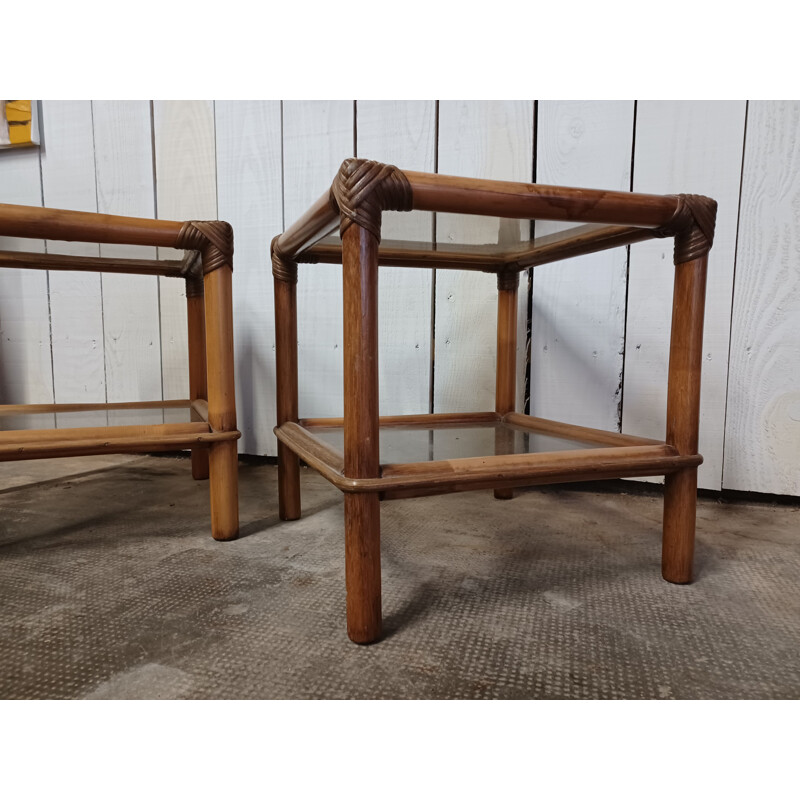 Pair of vintage coffee tables in bamboo and smoked glass