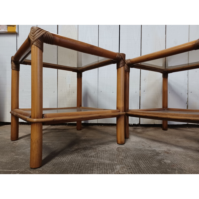 Pair of vintage coffee tables in bamboo and smoked glass