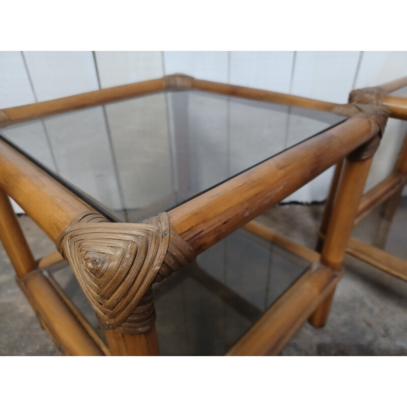 Paire de tables basse vintage en bambou et verre fumé