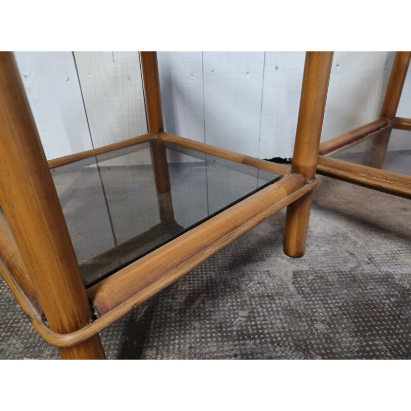 Pair of vintage coffee tables in bamboo and smoked glass