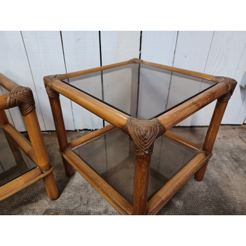 Paire de tables basse vintage en bambou et verre fumé