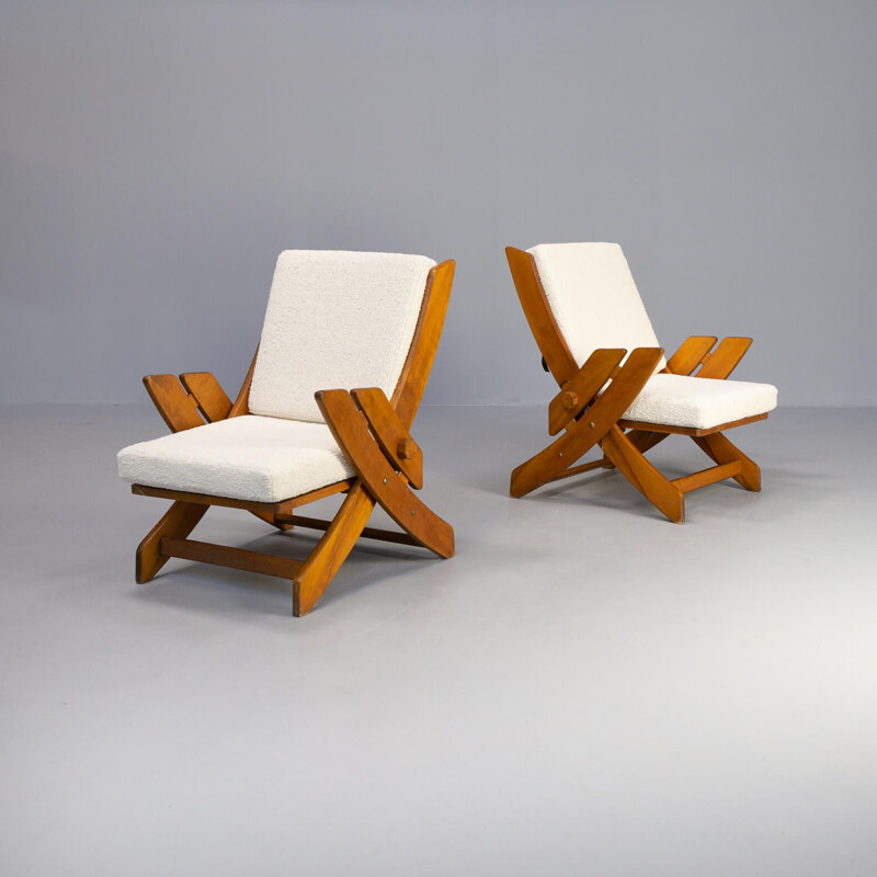 Pair of vintage brutalist armchairs with sheepskin fabric, 1960s