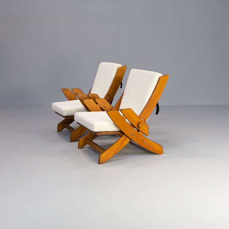 Pair of vintage brutalist armchairs with sheepskin fabric, 1960s