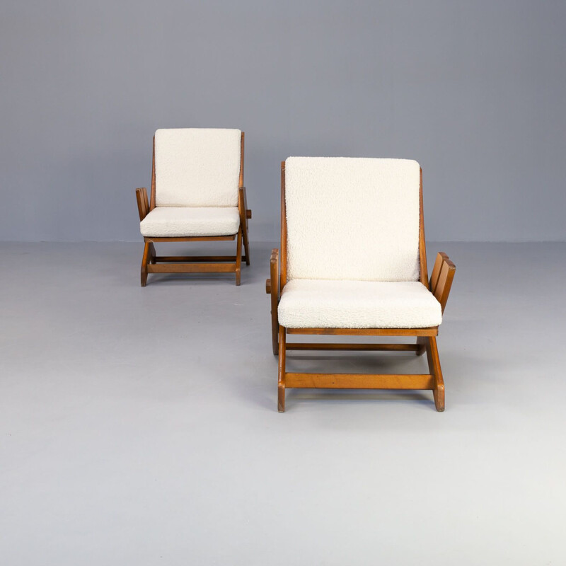Pair of vintage brutalist armchairs with sheepskin fabric, 1960s