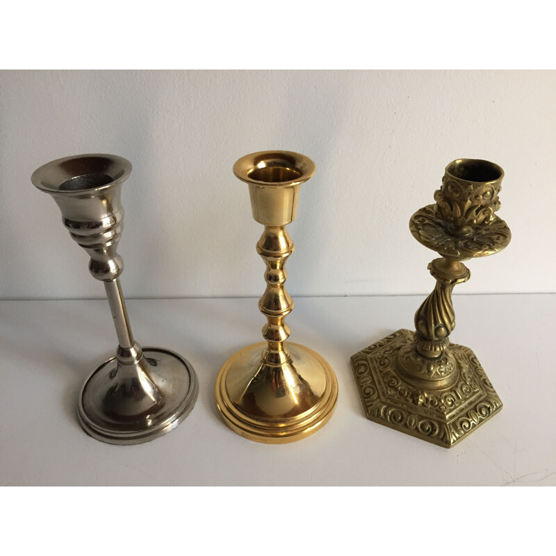 Set of 3 vintage candlesticks in solid brass and metal