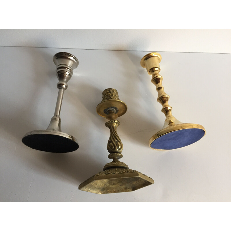 Set of 3 vintage candlesticks in solid brass and metal