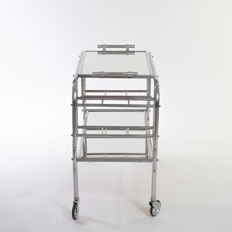 Vintage art deco bar cart in polished aluminum and tempered glass, 1930