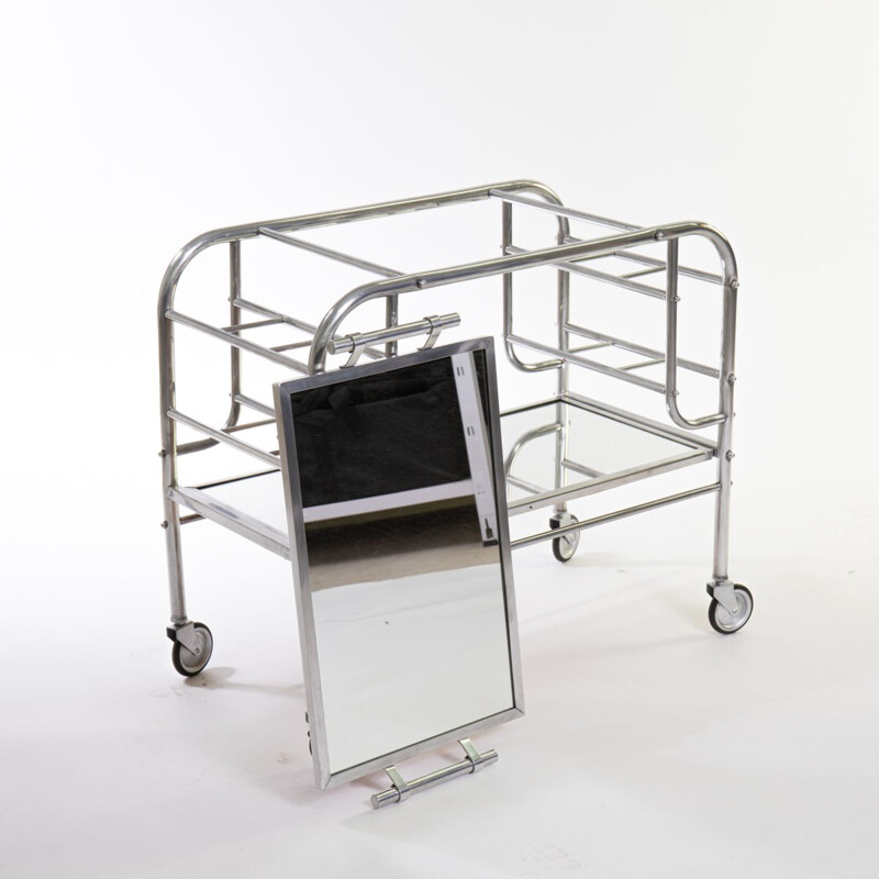 Vintage art deco bar cart in polished aluminum and tempered glass, 1930