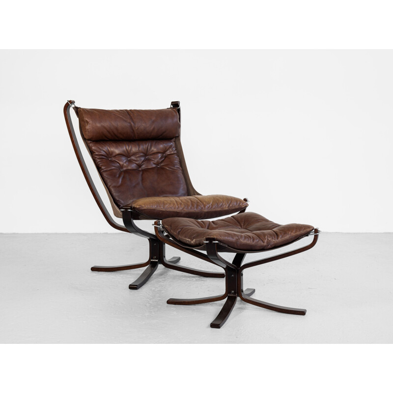 Fauteuil et ottoman Falcon vintage en cuir brun par Sigurd Ressell pour Vatne Möbler, Norvège 1970