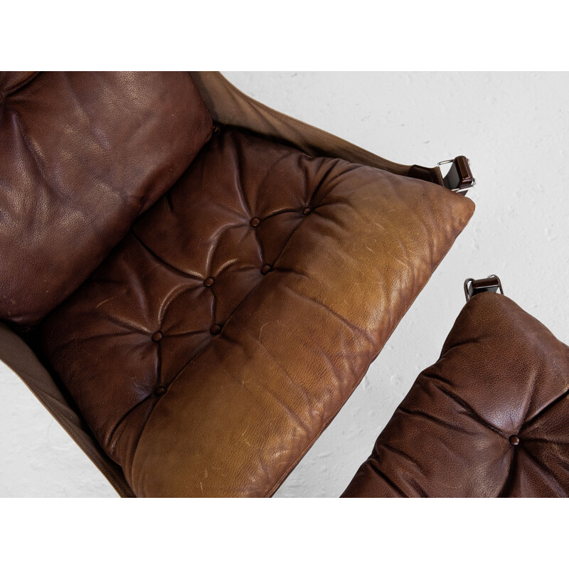 Vintage Falcon armchair and ottoman in brown leather by Sigurd Ressell for Vatne Möbler, Norway 1970s