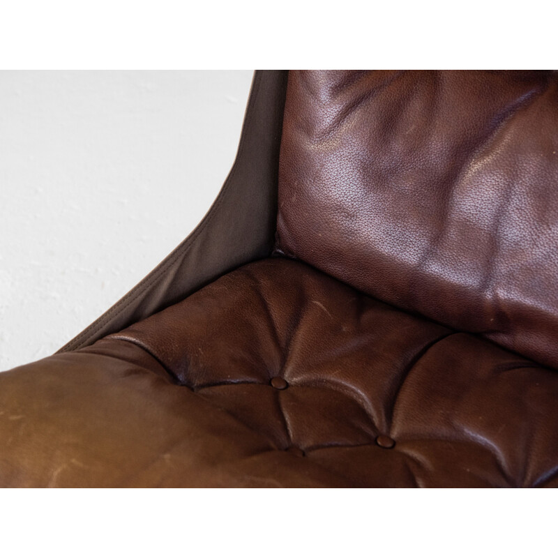 Vintage Falcon armchair and ottoman in brown leather by Sigurd Ressell for Vatne Möbler, Norway 1970s