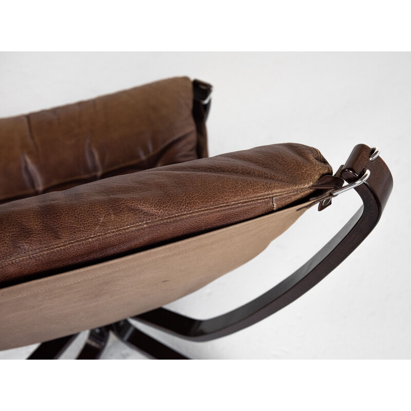 Vintage Falcon armchair and ottoman in brown leather by Sigurd Ressell for Vatne Möbler, Norway 1970s