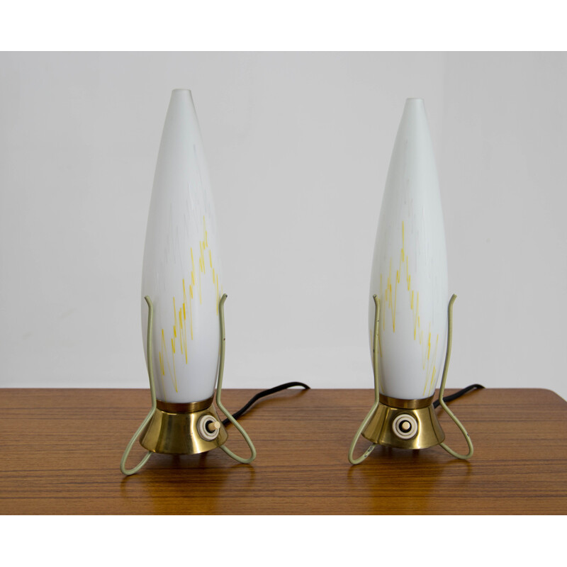 Pair of vintage brass table lamps with glass shades, Czechoslovakia 1960
