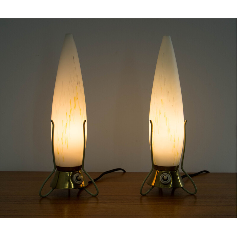 Pair of vintage brass table lamps with glass shades, Czechoslovakia 1960