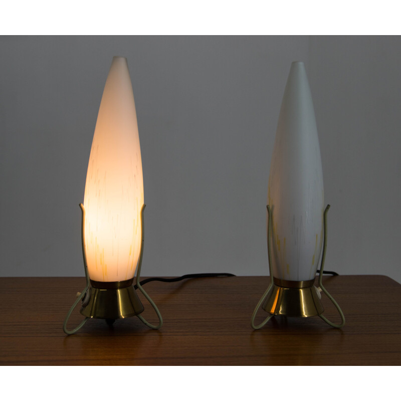 Pair of vintage brass table lamps with glass shades, Czechoslovakia 1960