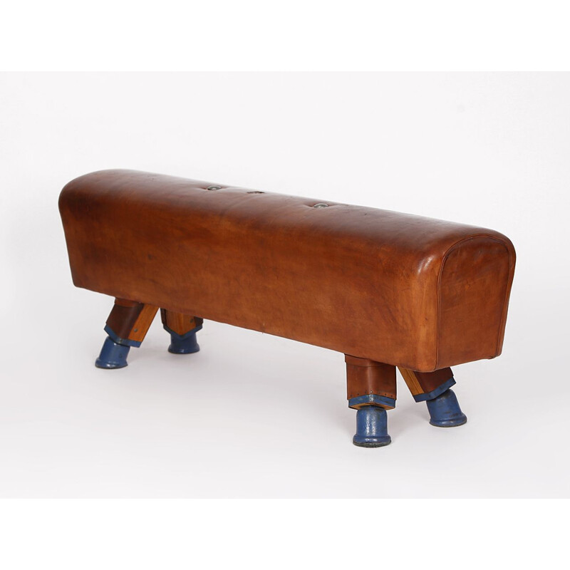 Vintage leather pommel horse bench, Czechoslovakia 1930s