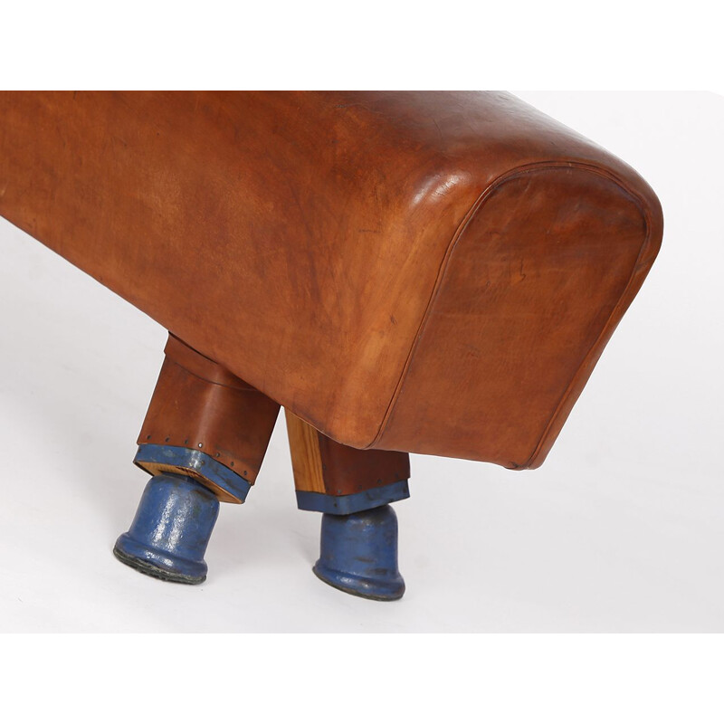 Vintage leather pommel horse bench, Czechoslovakia 1930s