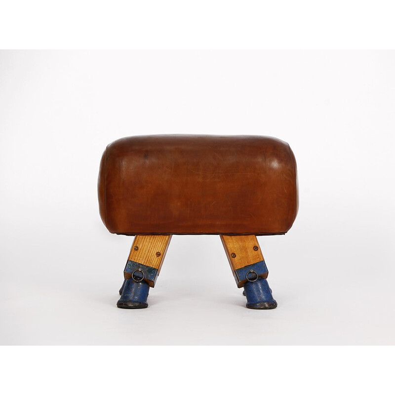 Vintage Czech leather turnbock gym stool, 1930s