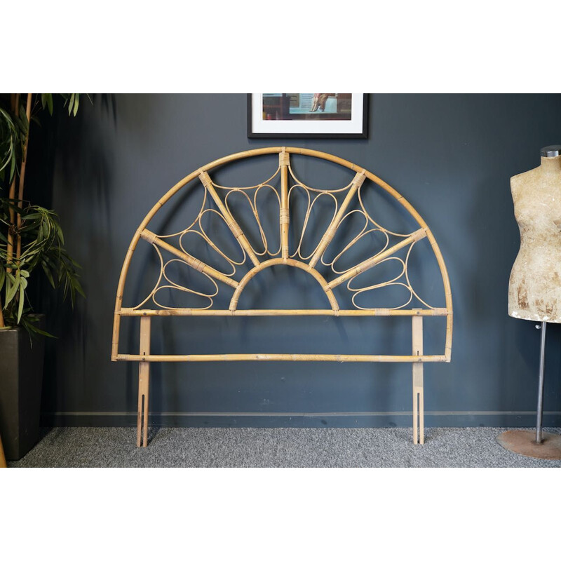 Vintage sunburst peacock bamboo double headboard, 1970