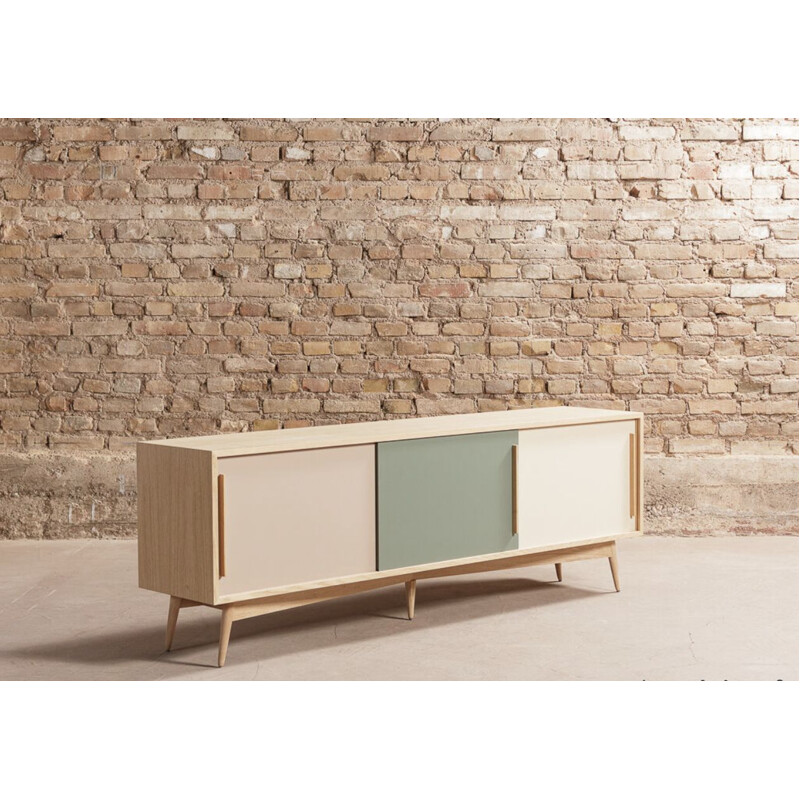 Scandinavian vintage oakwood sideboard with 3 sliding doors in pink, green and cream