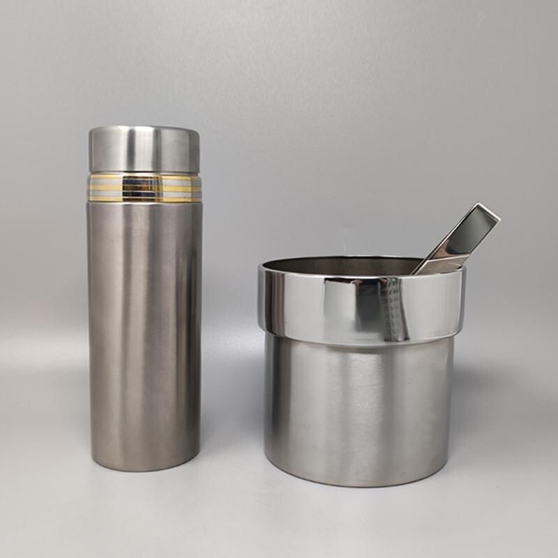 Vintage 24k gold and stainless steel cocktail shaker with ice bucket by Piazza, Italy 1970