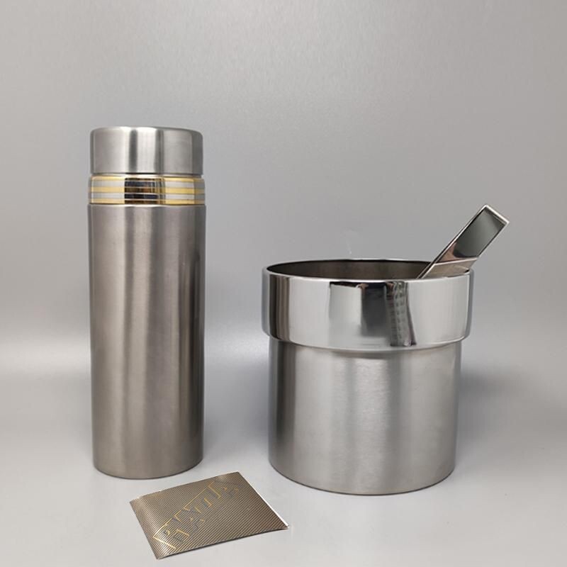 Vintage 24k gold and stainless steel cocktail shaker with ice bucket by Piazza, Italy 1970