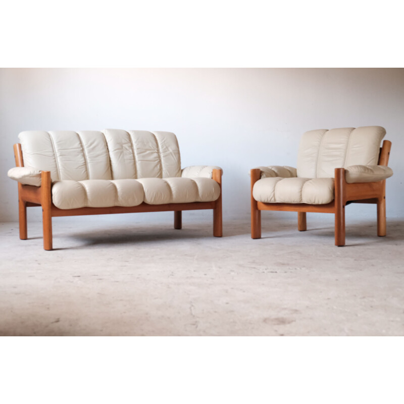 Norwegian vintage ekornes leather and teak living room set, 1970s