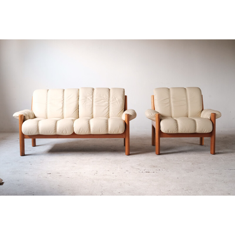 Norwegian vintage ekornes leather and teak living room set, 1970s