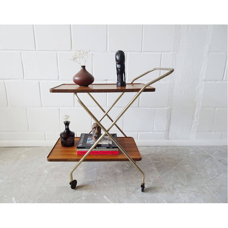 Vintage foldable serving trolley in gold and walnut look, 1960s