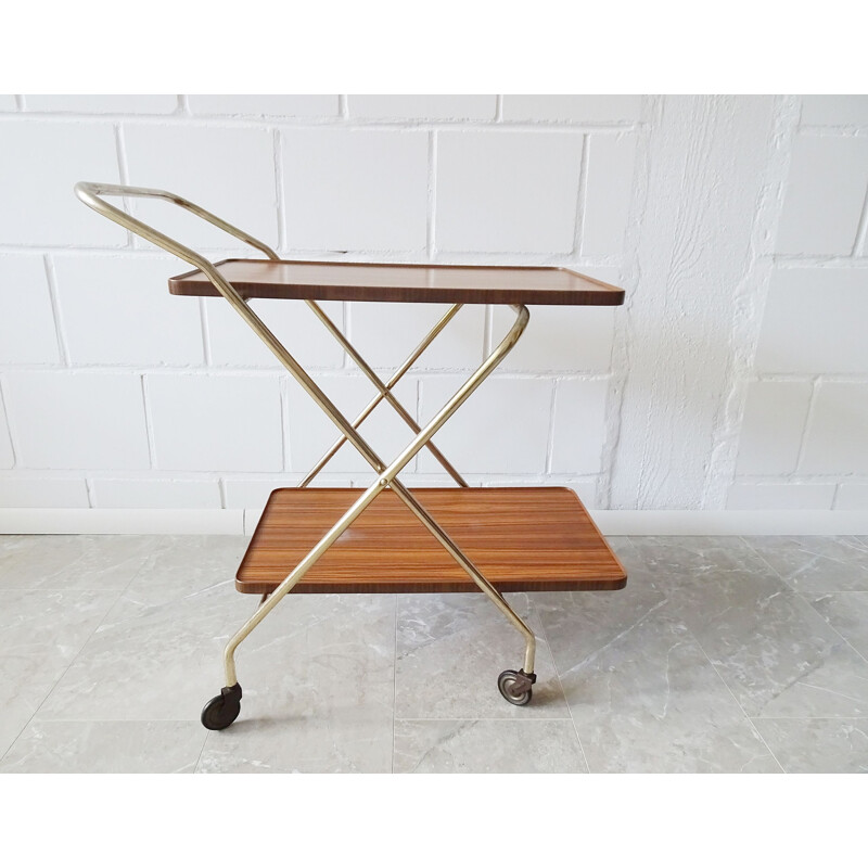 Vintage foldable serving trolley in gold and walnut look, 1960s