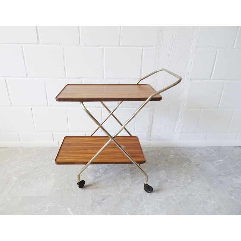 Vintage foldable serving trolley in gold and walnut look, 1960s