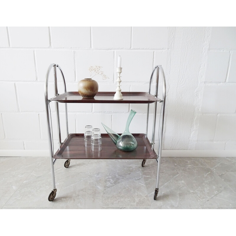 Vintage foldable serving trolley in rosewood look with chrome frame, 1970s